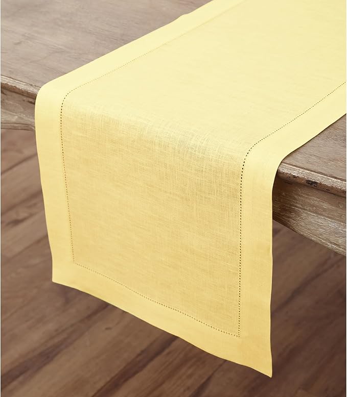 Solino Home Linen Yellow Table Runner 48 Inches - Classic Hemstitch, 100% Pure Linen Coffee Table Runner 14 x 48 Inch Ideal for Dresser Tables, Valentines, Spring, Easter