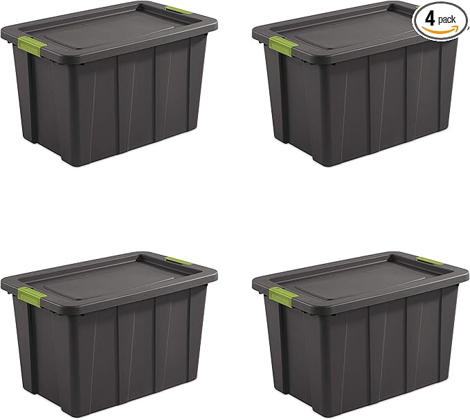 Sterilite 30 Gal Latching Tuff1 Storage Tote, Stackable Bin with Latch Lid, Plastic Container to Organize Garage, Basement, Gray Base and Lid, 4-Pack