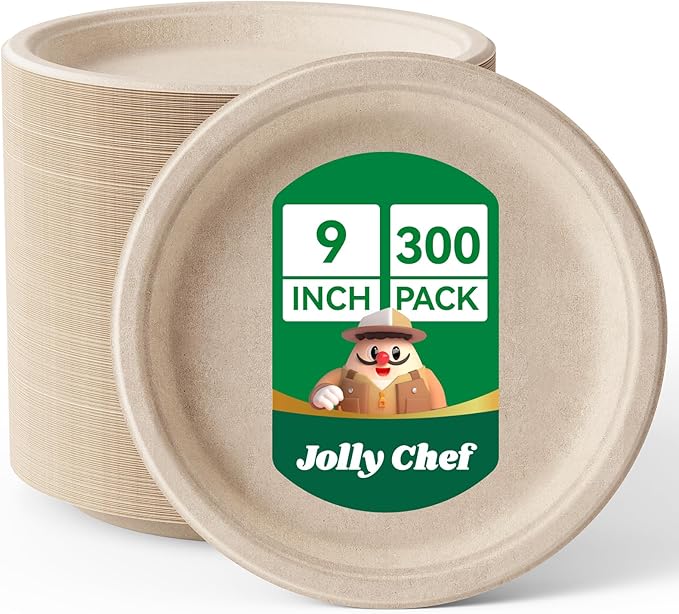 JOLLY CHEF Compostable Heavy Duty Plates 9 Inch [300 Pack] Eco-Friendly Disposable Natural Paper Plates Bagasse Biodegradable Sugarcane Bulk for Party Dinner Lunch Hot Cold Food Christmas (Brown)