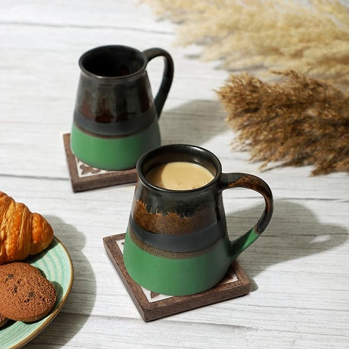 DEVLA Decorative 4 inch Wooden Coaster Set, Hand Carved with White Antique Design, 5 Coasters with Holder, Brown and White Antique