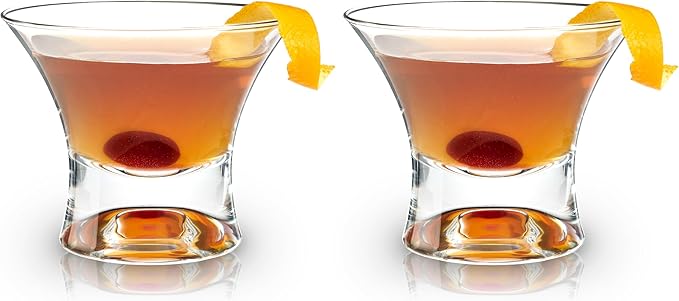 Viski Heavy Base Stemless Manhattan Glasses Set of 2 - Premium Crystal Cocktail Glass, Stemless Martini Glasses, Cocktail Glass Gift Set, 7 oz
