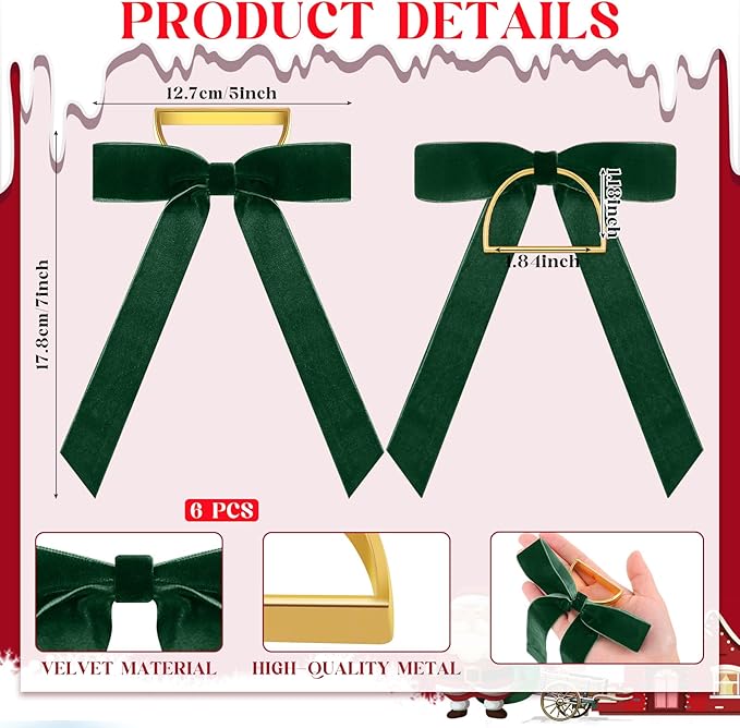 Riceshoot Velvet Bow Napkin Rings Bows with Gold Semicircle Metal Napkin Ring Velvet Bow Holder for Wine Bottles Table Settings Candlestick Wedding Valentine's Day Dinner(Green,6 Pcs)
