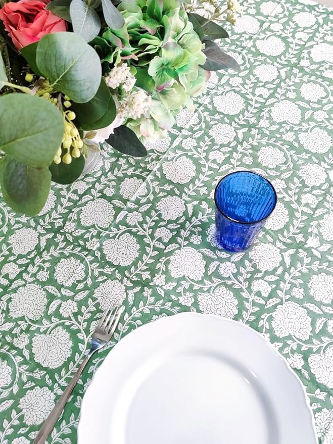 ATOSII Shalimar Green 100% Cotton Rectangle Fall Tablecloth, Handblock Floral Table Cloth Linen for Kitchen Dining I Parties Wedding Outdoors Christmas Thanksgiving I Fall Home Decor 60 X 90 Inches
