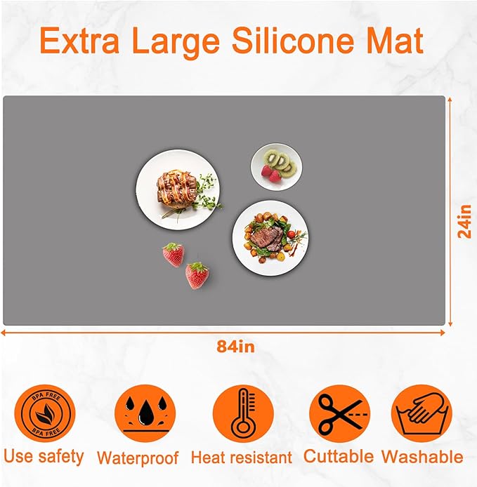 84''x24'' Extra Large Silicone Mat for Kitchen Counter, Heat Resistant Countertop Protector, Non-Slip Waterproof Kitchen Island Mat, Easy to Clean, Light Gray