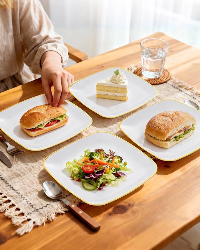 bUCLA 100PCS White Plates with Gold Trim - Heavy Duty White Gold Square Disposable - Include 50 Each (10 inch Dinner & 7.25 inch Dessert) Plates for Party & Wedding