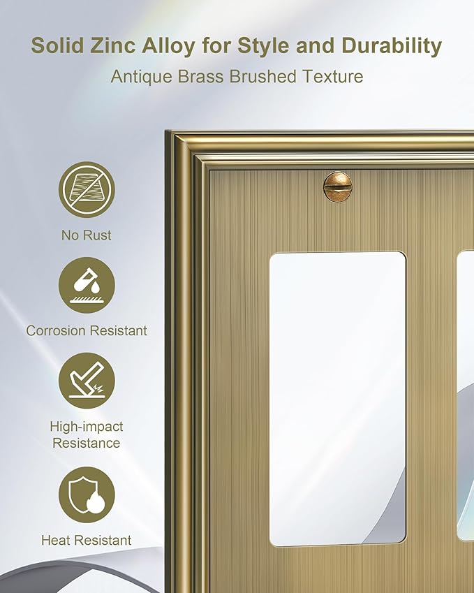 2-Pack Decorative Double Decorator Outlet Cover Plate, Durable Zinc Alloy Antique Brass Wall Plates for Electrical Outlets, Receptacle, GFCI Outlet, Dimmer Switch, 2-Gang, Corrosion Resistant