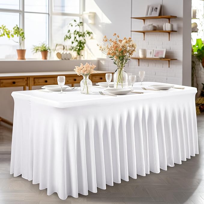 Wish Care 6 Pack White Spandex Table Clothes for 8 Foot Rectangle Tables, 8FT Wrinkle Free Fitted Tablecloths Ruffles Design Table Cover for Party, Banquet, Wedding and Events