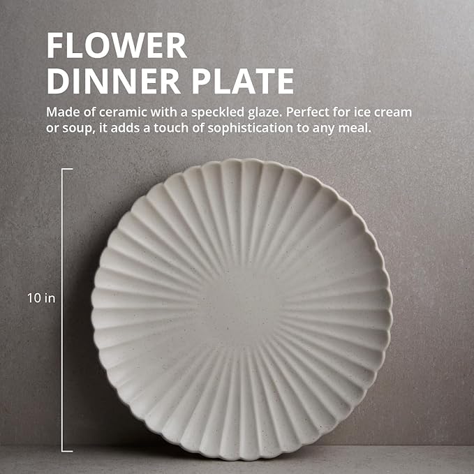 Goodies White Classic Flower Dinner Plates (Set of 4), Handmade Ceramic, Glazed, Dishwasher Safe, Microwave Safe, Petal Shaped Rim Design, Durable, Stackable, Elegant Dinnerware, 10 Inch