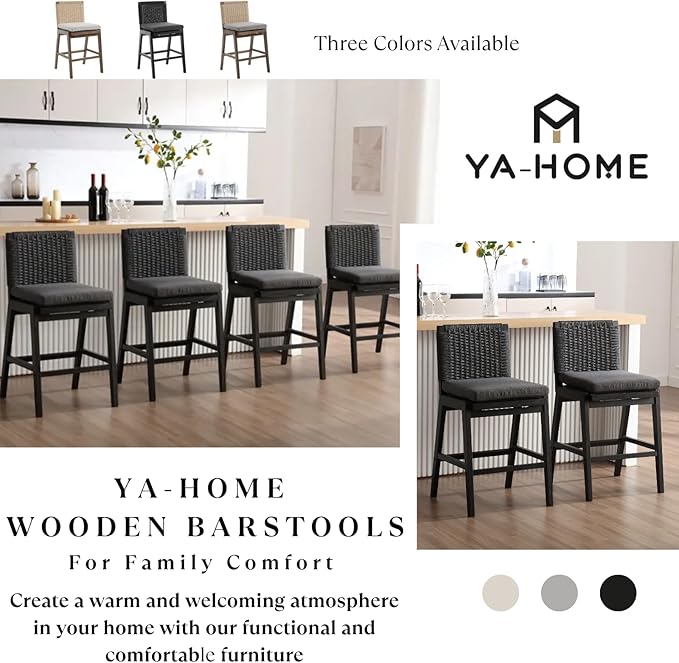Mid Century Modern Counter Height Barstools Set of 6, 27” Linen Upholstered Counter Stools with Rope Woven Back Wooden Farmhouse Bar Stools for Kitchen Island Dining Room,Charcoal