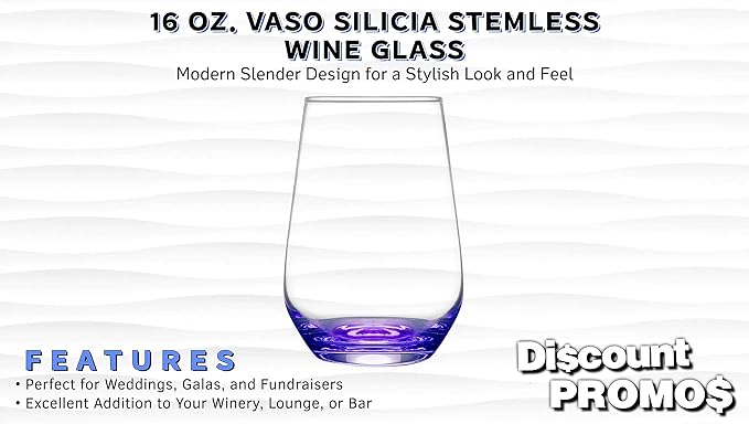 DISCOUNT PROMOS 10 Vaso Silicia Stemless Wine Glasses Set, 16 oz. - Clear, Orb-Like, Thick base - Purple