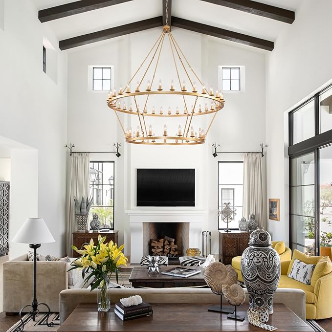 60 Inch Gold Extra Large Wagon Wheel Chandelier, 2 Tier 54-Lights Farmhouse Industrial Round High Ceiling Pendant Light Adjustable Chain, for Dining Room, Living Room