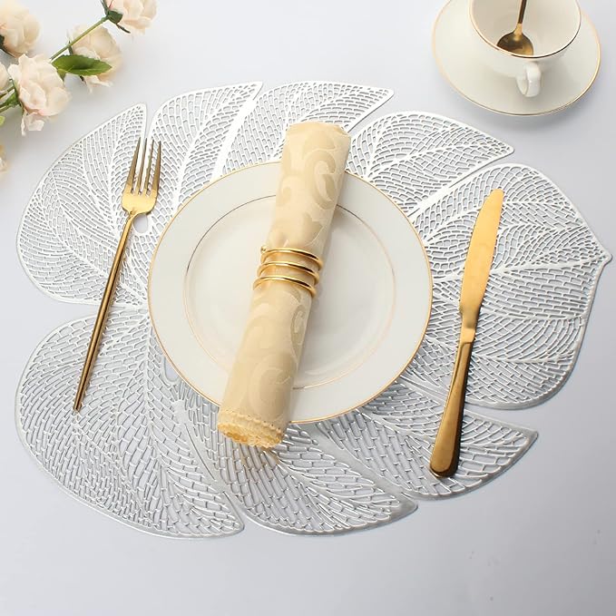 Evevda Silver Leaf Shaped Vinyl Placemats for Dinner Table Set of 6 Metallic Plastic Place Mats Wipeable 6Pcs Table Mats for Wedding Annersary Dinner Table Decoration Mats(17.7x13.8inch/45x35cm)