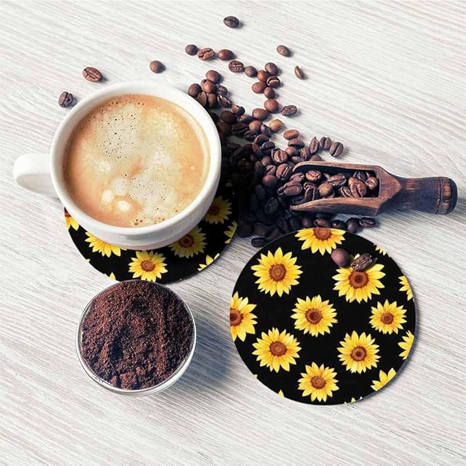 Sunflowers Cup Coasters Set of 2 Chamomile Cornflowers On Black Beautiful Watercolor Floral Wooden Table Apartment Decor 100% Diatomite for Drinking Glasses,4 Inches
