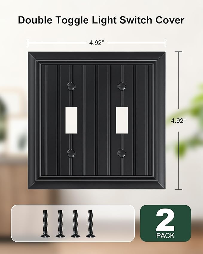 2-Pack Classic Beadboard Double Toggle Light Switch Cover Plate, Durable Natural Bamboo Fiber Decorative Switch Plate Covers, Matte Black 2 Gang Wall Plate