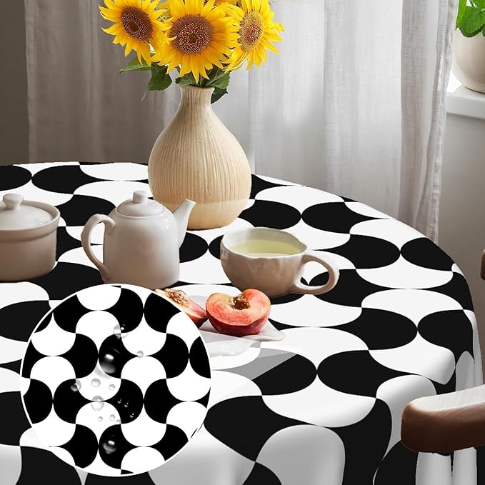 Laeacco 54 Inch Geometric Round Tablecloth Black and White Abstract Pattern Modern Art Print Table Cloth Washable Waterproof Wrinkle Free Table Cover for Kitchen Dining Picnic Party Decoration