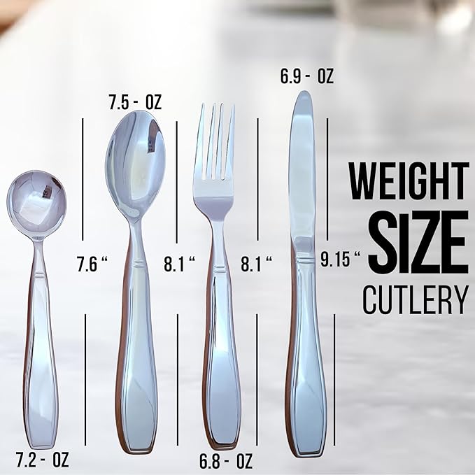 weighted utensils for hand tremors | weighted utensils for tremors and parkinsons patients | Set 4 Piece with Universal Cuff easy grip & cover | Elegant weighted silverware with Gift Box