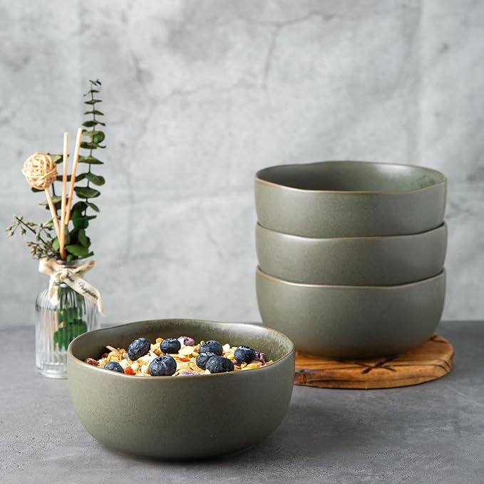 AmorArc Stoneware Cereal Bowls for Kitchen, 28oz Large Ceramic Soup Bowls Set of 4 for Meal,Snacks,Soup, Oven, Microwave&Dishwasher safe Kitchen Bowls with Wavy Rim, Reactive Glaze Matte