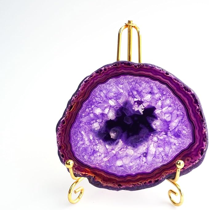 Purple Agate Slices Bulk Geode Coasters Set of 4 with Rubber Bumpers - Unique 3-4 Inch Dyed Stone Drink Cup Crystal Coasters for Home Decor, Coffee Table, Bar Accessories