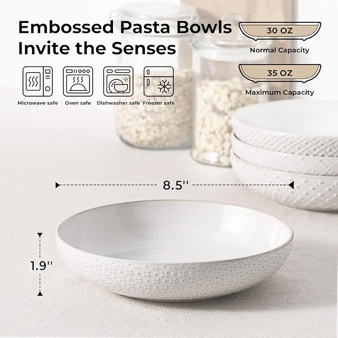 Y YHY 8.5" Pasta Bowls Set of 4, 30 oz Embossed Salad Bowls for Serving Soup, Noodle, Fruit, Dinner, Kitchen Deep Plates, Ceramic Dinnerware Sets, Soft White Dishes for Thanksgiving Day Gifts