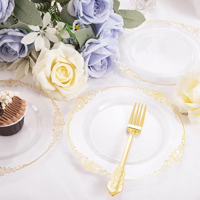 Morejoy 100pcs Gold Plastic Plates - Clear Gold Disposable Plates - 7.5 inch clear and gold dessert plates, Clear Plastic Plates with Gold Rim for Weddings & Parties & Shower