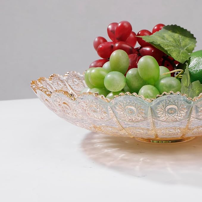 Unique Gold Flower-Shaped Crystal Glass Decorative Footed Bowl -10.6 inch Diameter, Tabletop Fruit Plates Dessert Plate Cake Plate,Candy Tray,Wedding Home Decor.