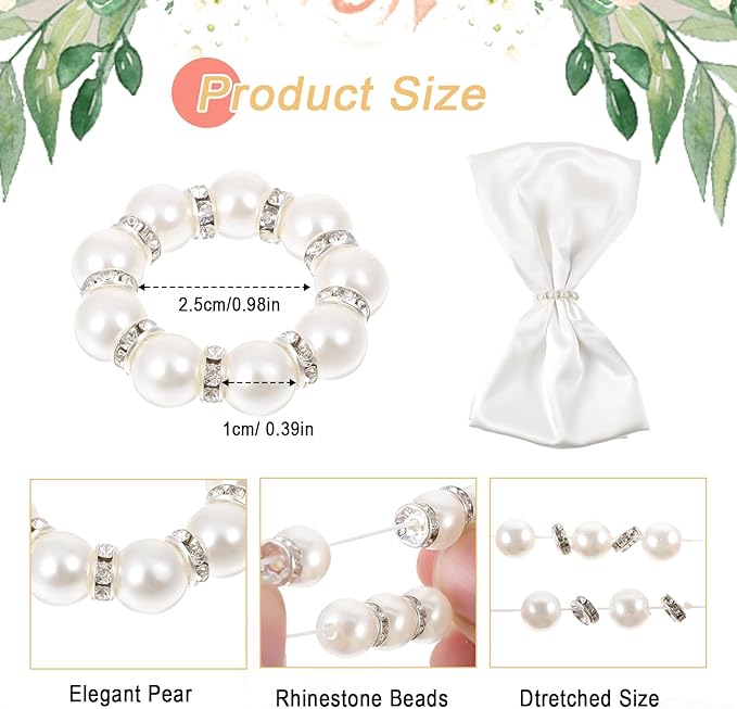 60Pcs Pearl Napkin Rings,Imitation Pearl Beaded Napkin Ring Holder,Serviette Napkins Rings Bulk for Wedding Reception Dinner Table Decor Banquet Home Party (White&Silver, 60Pcs)