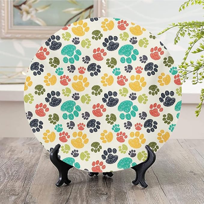 Ceramic Display Plate, Dog Lover Ceramic Hanging Decorative Plate, Cute Hand Drawn Paw Print Doodles, 7 Inch, Living Room Kitchen Decoration Household, Multicolor