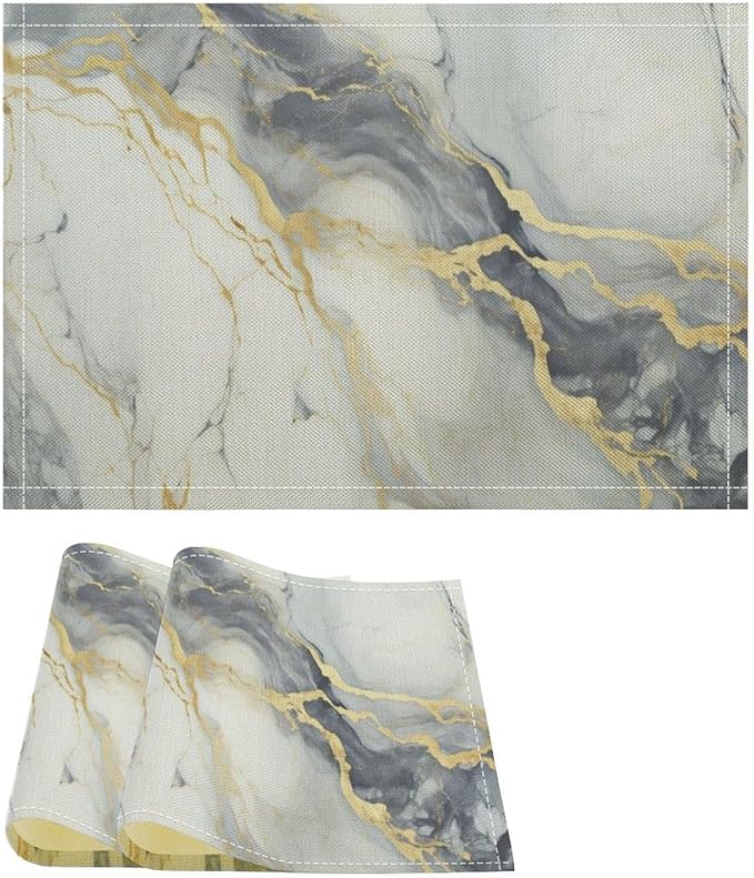 Marble Linen Placemats Set of 2, Modern Abstract Foil Texture White Grey Gold Marble Washable Place Mats, Non Slip Placemat for Home Party Dining Tables Wedding Kitchen Banquets Decor 12x17 Inch