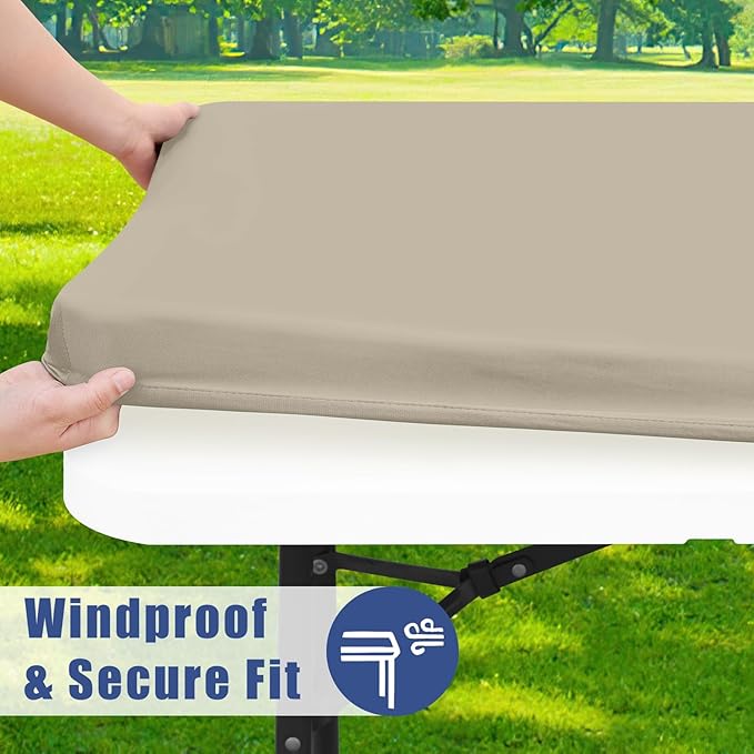 Spandex 8 Foot Rectangle Table Cloth 2 Pack, Elastic Fitted Tablecloths for Picnic, Stretch Washable Patio Table Cover for Outdoor, Camping, Banquet and Parties (Taupe, 30"x96")