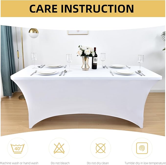 2-Pack 6ft White Spandex Table Covers for Rectangle Standard Folding Tables - Wrinkle Resistant Stretch Tablecloths - Ultimate Fitted Table Protector for Parties, Trade Shows, Banquet