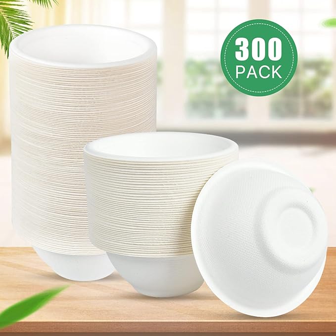 300 Pcs 8oz Paper Bowls,Heavy Duty Disposable Bowls Compostable Paper Bowls, White Biodegradable Bowls for Ice Cream, Salad,Dessert,Parties - Catering Supplies