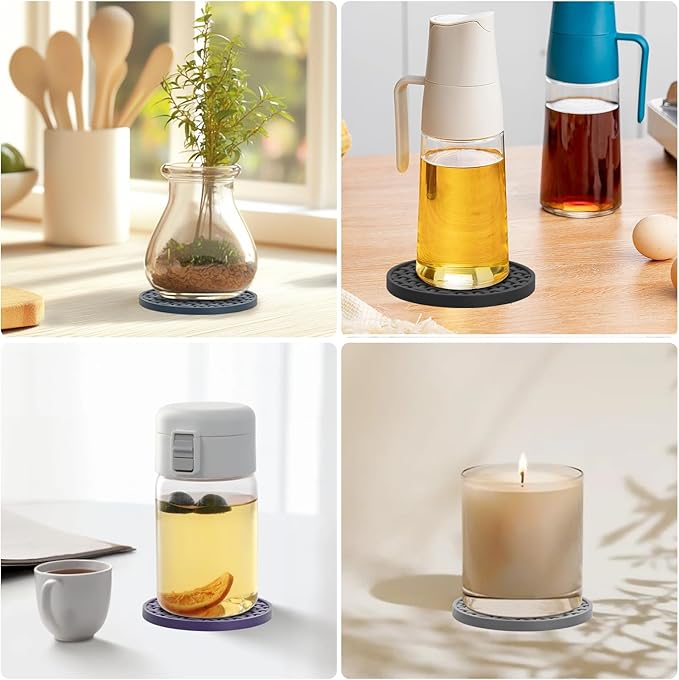 Purple Silicone Coasters with Holder, 4 Inches Non-Slip Decorative Cup Mats for Drinks, Heat Resistant & Waterproof Round Coaster Set of 6 for Home, Office, Kitchen, Bar Table