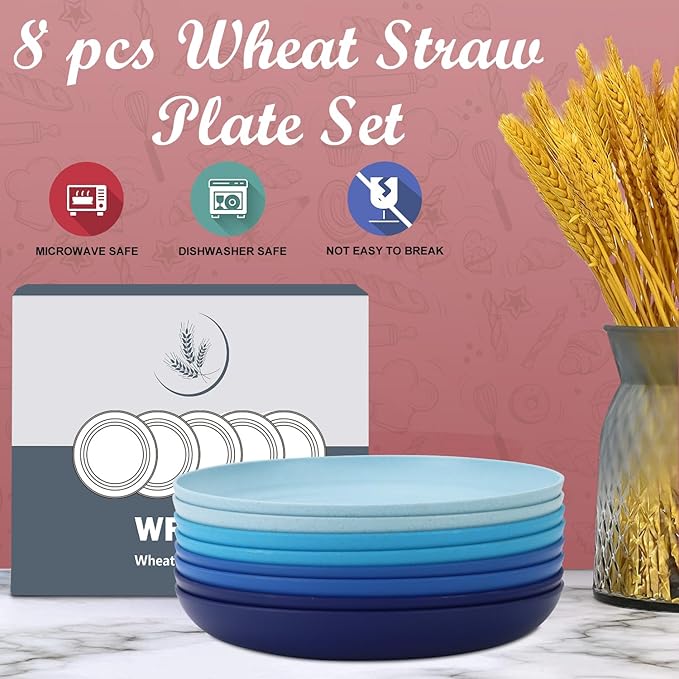 Wrova Wheat Straw Plates - 10 Inch Unbreakable Dinner Plates Set of 8 - Dishwasher & Microwave Safe Plastic Plates Reusable - Lightweight Plates for kitchen,camping (Ocean Series)