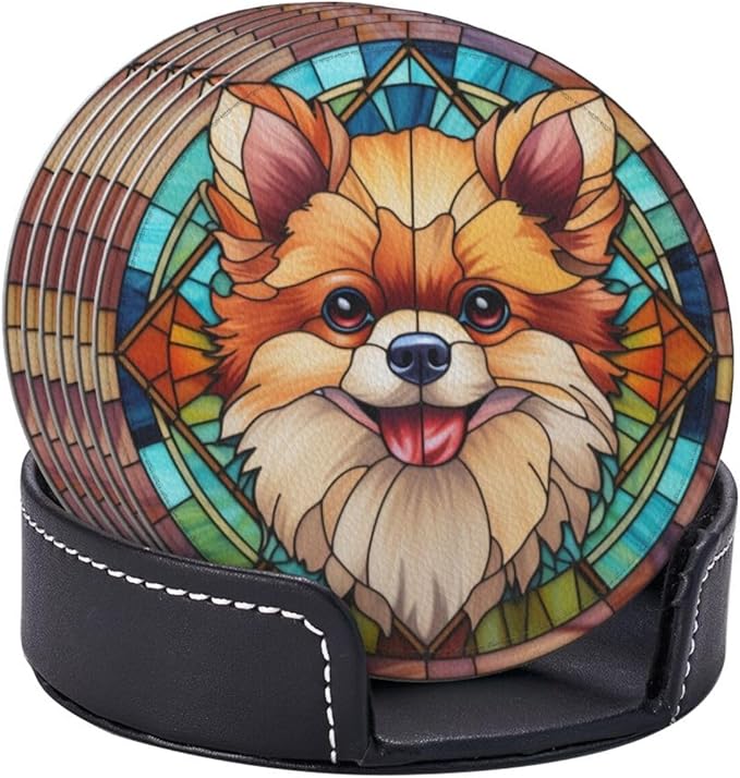 Drink Coaster Set of 6, Pomeranian Dog Mom Lover Gift,Leather Drink Coasters with Holder,6 Pack Cup/Bar/Drink Coasters for Table/Drinks/Coffee Protection Housewarming Gift