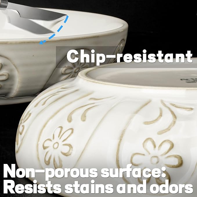 Artena Pasta Bowls, 50oz Large Salad Serving Bowls, 9.75'' Plates Bowls Set of 4, Big White Ceramic Soup Bowls for Kitchen, Embossment Shallow Dinner Bowl, Microwave Dishwasher Safe, Pinwheel Flower