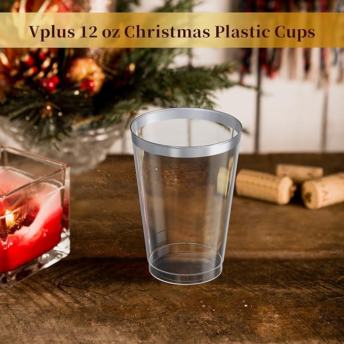 Vplus 150 Pack 12 OZ Reusable Silver Rimmed Clear Plastic Cups, Disposable Heavy Duty Plastic Cups for Party, Christmas, Wedding, Thanksgiving, Halloween