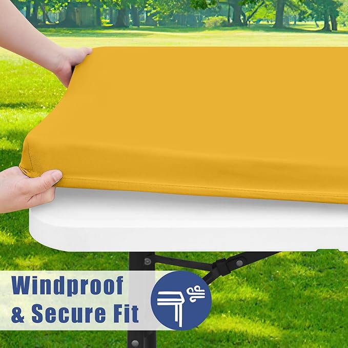 Spandex 4 Foot Rectangle Table Cloth 2 Pack, Elastic Fitted Tablecloths for Picnic, Stretch Washable Patio Table Cover for Outdoor, Camping, Banquet and Parties (Mustard Yellow, 30"x48")