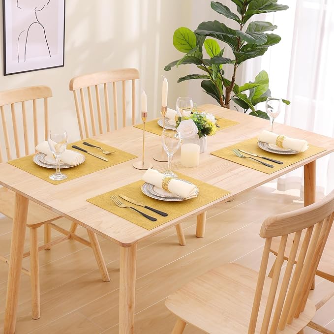 homing Faux Leather Heat Resistant Placemats 6 Packs, Waterproof Wipeable Dining PU Place Mats for Indoor & Outdoor, Easy to Clean, Yellow