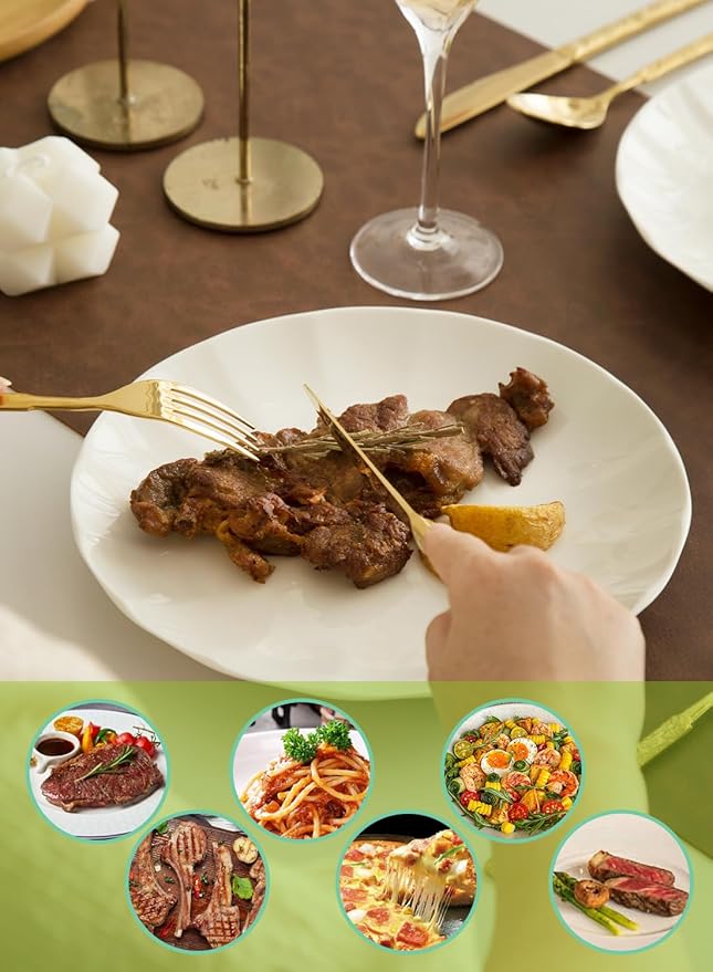 TAMAYKIM 10.5 Inch Porcelain White Dinner Plates Set of 8, Shallow Coupe Round Plates with Petal Edge for Pasta Salad, Steak Serving Dinnerware - Scratch Resistant, Microwave, Oven & Dishwasher Safe