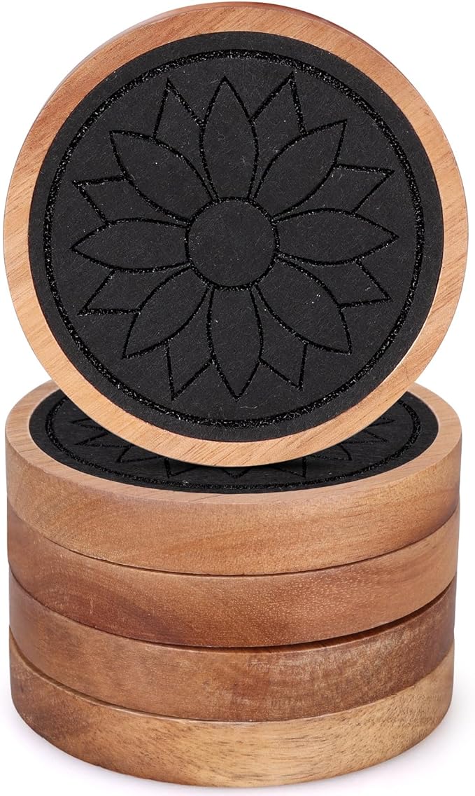 5 Pcs Best Wooden Coasters Non-Slip, Non-Stick, 4 Inches Black - Gtencemen Acacia Wood Coaster Set Absorbent Coasters for Drinks, Coffee Bar, Kinds of Cups, Rustic Farmhouse, Dining Room Table Decor