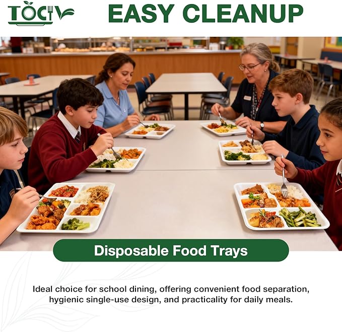 5 Compartment Paper Plates 12.5 x 8.6 inch 80- Count Compostable Disposable Divided Dinner Sectional Plates for Adults Heavy Duty Lunch Party Food Serving Trays with Dividers