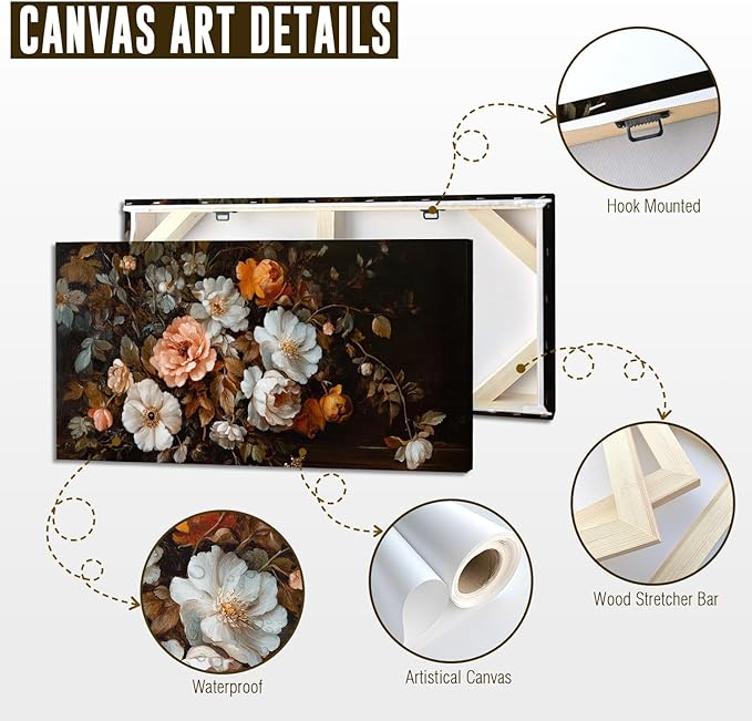ADJUVANT Wall Art Vintage Floral Bouquet 60" L x 30" W, Old Fashioned Flowers Canvas Painting Romantic Artwork Classic Blooms Prints Botanic Wall Decor for Living Room Bedroom Dining Room Home Office