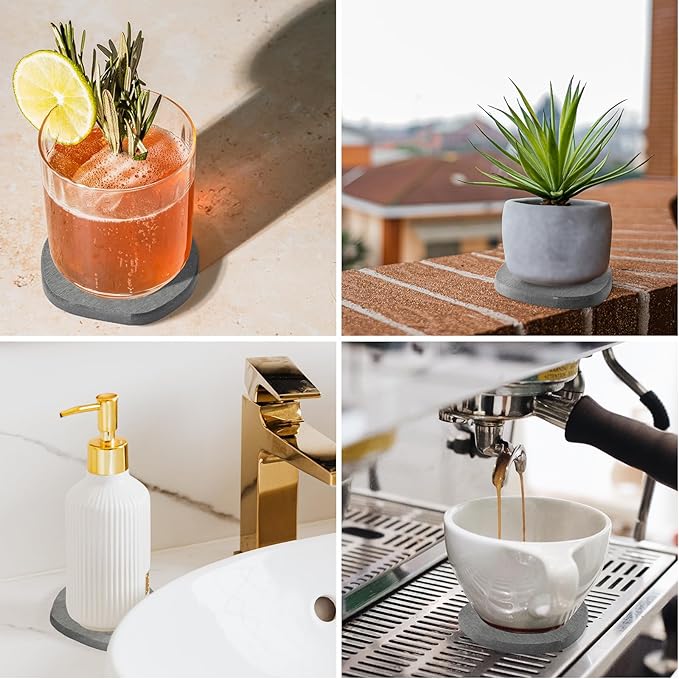 Diatomaceous Earth Coasters Set of 4 for Drinks, Moisture Water Absorbent Stone Coasters for Table Desk at Work, Water Absorbing Instant Drying Diatomite, Modern Deep Grey