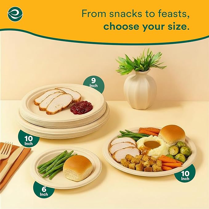 ECO SOUL Compostable Paper Plates 6 Inch (100 Count) Plates for Dessert, Heavy Duty, Eco-Friendly Sugarcane Bagasse Small Plates For Appetizer- Natural Brown