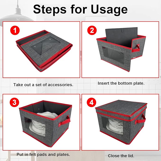 VERONLY Christmas China Storage Containers-Dish Plate Storage Containers Hard Shell and Stackable,Dinnerware Storage with 24 Felt Dividers, Hold 24 Plates,2 PACK (12" W x 8" H)