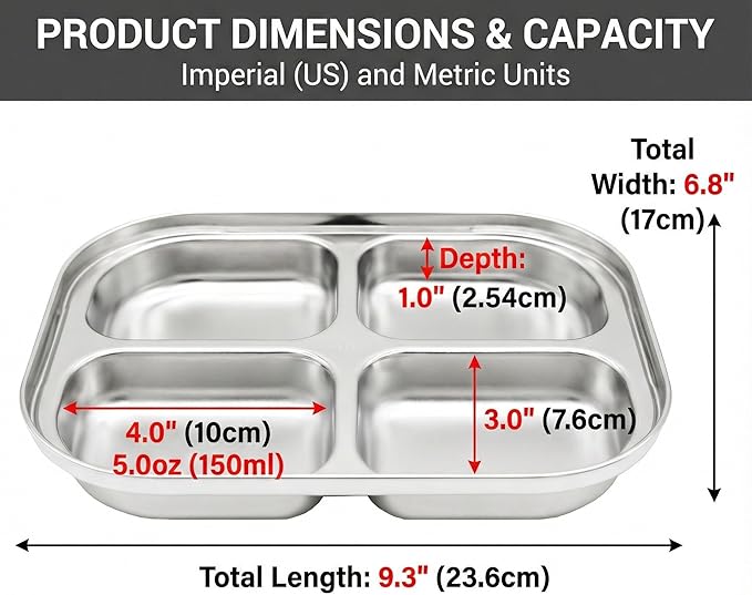 Korean Stainless Steel Divided Plates for Toddlers, Kids, Babies, Premium 304, Electro-Polished, No Black Residue, BPA-Free, 4-Compartment Food Tray, Camping, Balanced Meals, Set of 2