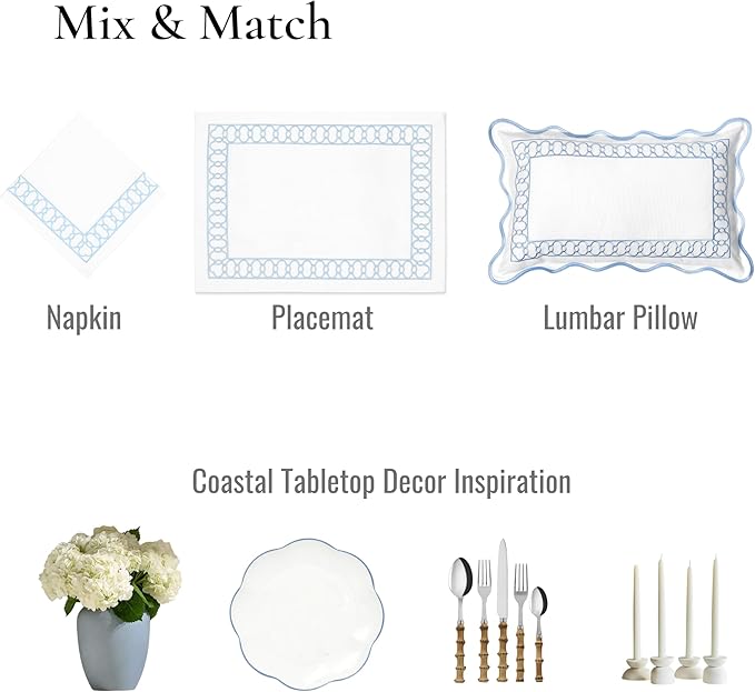 Hofdeco Premium Coastal Patio Indoor Outdoor Placemat Set of 4, 14"x19" Double-Layered, Waterproof Cloth Placemat for Kitchen or Dining Table. Baby Blue Embroidered Frame