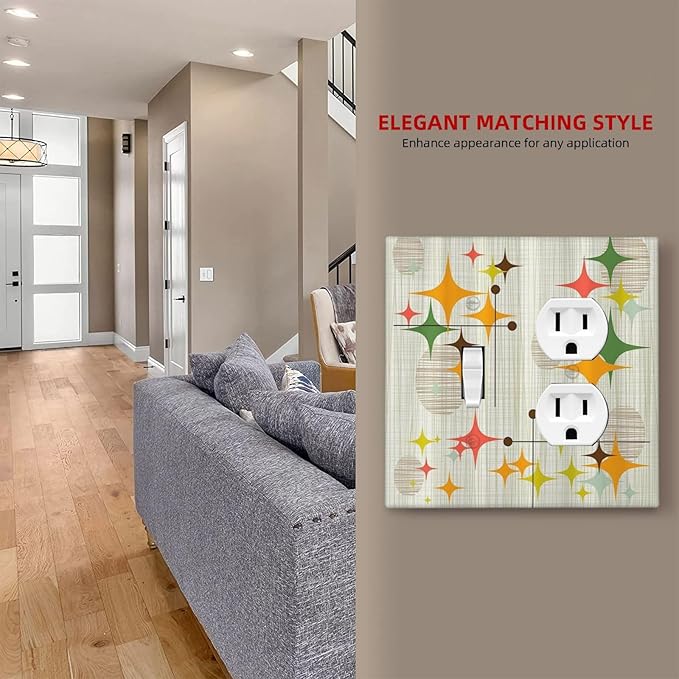 Light Switch Cover Plate Mid Century Modern Retro Stars 2 Gang Decorative Switch Plates 1 Toggle Duplex Combo Outlet Covers GFCI Wall Plates for Bathroom Bedroom Decor