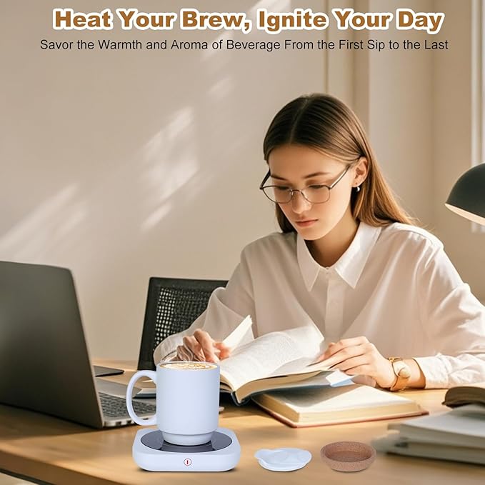 Coffee Mug Warmer & Mug Set for Desk, Electric Coffee Cup Warmer with Ceramic Mug, Smart Heated Coffee Mug with Auto Shut Off for Office/Home, Christmas/Birthday/Coffee Gifts for Men & Women,White