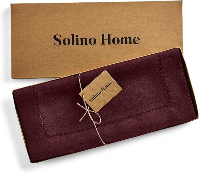 Solino Home Linen Burgundy Table Runner 120 Inches Long - 100% Pure Linen 14 x 120 Inch Table Runner for Valentines, Winter - Classic Hemstitch